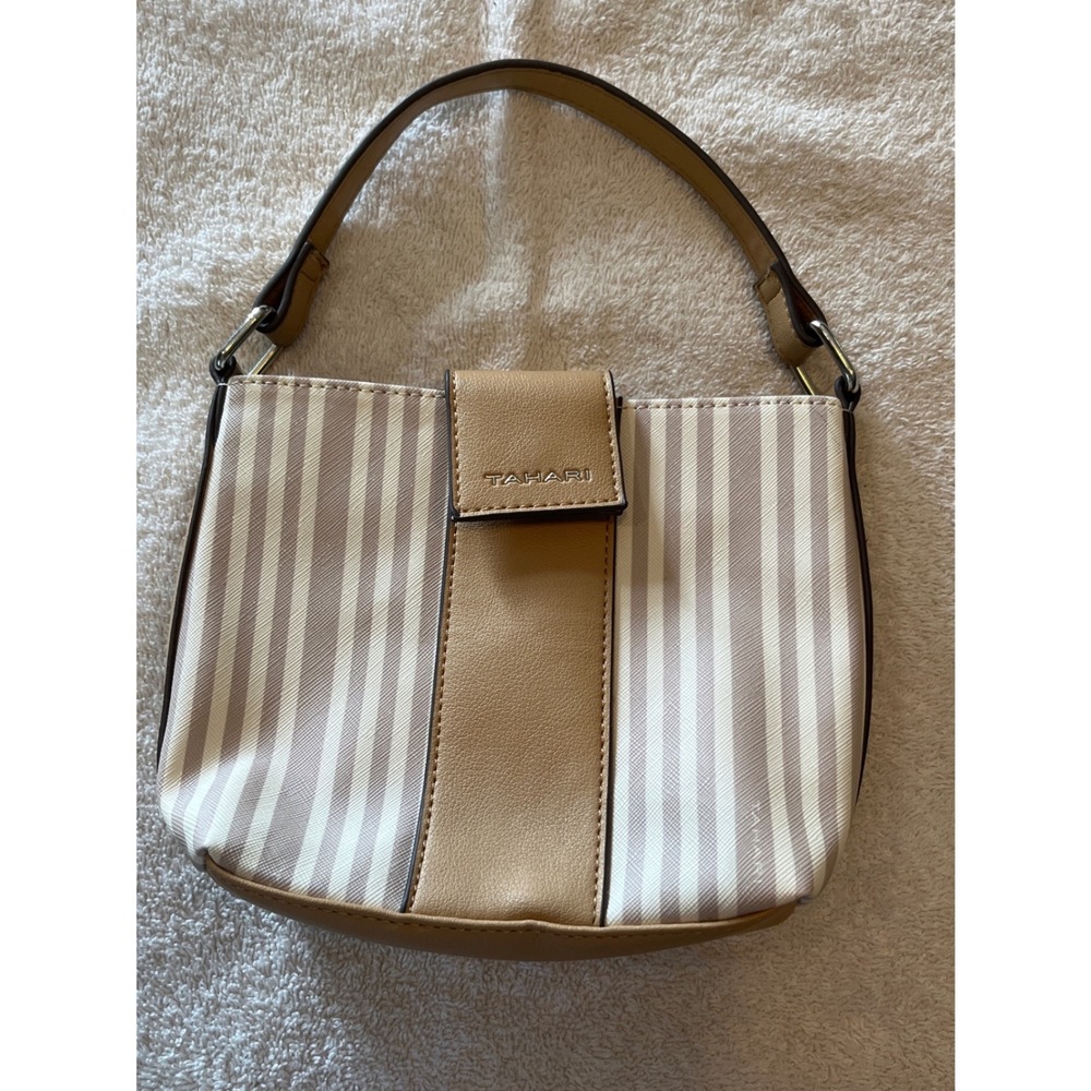Tahari Small Striped Bag Tan White Faux Leather Trim Hobo Handbag